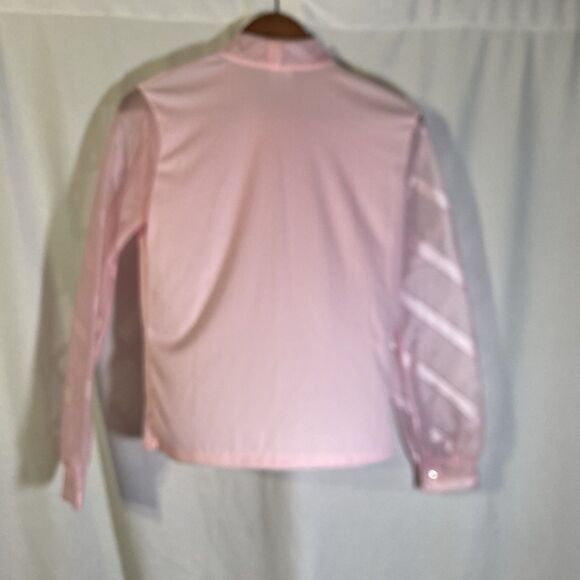 Vintage RHAPSODY pink sheer sleeves bow tie button up top S 36" bust - Picture 5 of 5